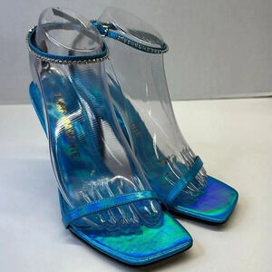 Kat Maconie High Heels Shoes Open Toe Diamond Jeweled Strap Metallic Blue Size 7
